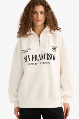 Женщины Кремовый Оверсайз широкий крой с полу-молнией с принтом свитшот