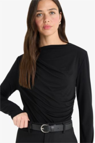 Женщины Черный Облегающая футболка с длинным рукавом и вырезом-лодочкой