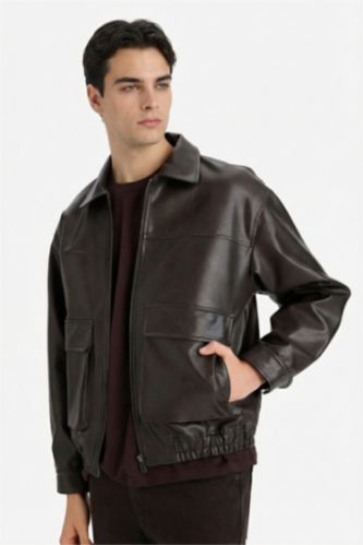 Erkek Açık Kahve Oversıze Gömlek Yaka Fermuarlı Suni Deri Mont