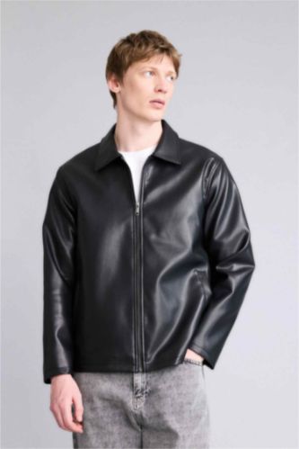Man Black Regular Fit Faux Leather Jacket