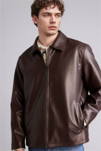 Man Dark Brown Regular Fit Faux Leather Jacket