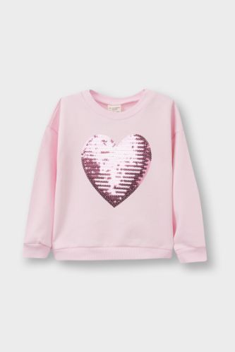 Kız Bebek Bisiklet Yaka Baskılı İçi Yumuşak Tüylü Sweatshirt