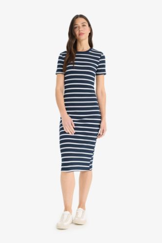 Bodycon Vücudu Saran Bisiklet Yaka Çizgili Fitilli Kaşkorse Kısa Kollu Midi Elbise