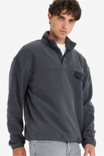 رجالي أنثرا غامق سويت شيرت قطيفة اوفر سايز بياقة عالية بسوسته