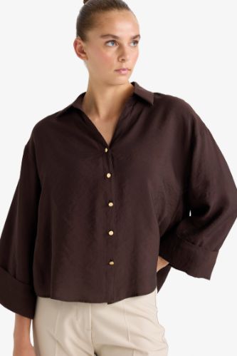 Loose Fit Apaş Yaka Basic Düz Uzun Kollu Gömlek