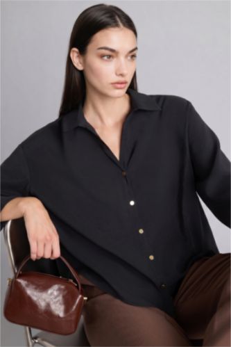 Kadın Siyah Loose Fit Uzun kollu Tencel Gömlek