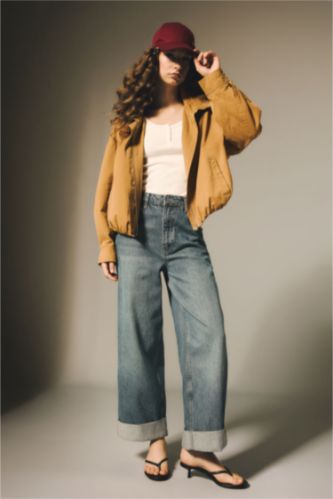 FEMME Bleu Jean baggy taille haute ourlet retroussé