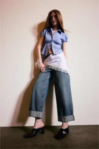 WOMAN Blue Baggy Fit Folded Leg Denim Trousers