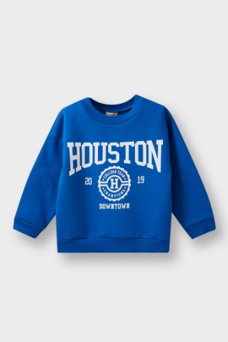 Erkek Bebek Bisiklet Yaka Baskılı İçi Yumuşak Tüylü Sweatshirt