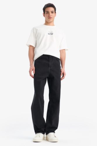 %100 Pamuk Baggy Fit Geniş Kalıp Normal Bel Geniş Paça Siyah Jean Pantolon