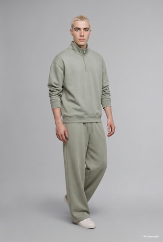 رجال كاكي فاتح Boxy Fit Scuba Fabric Stand Collar Sweatshirt