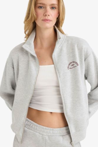 Relax Fit Yarım Balıkçı Yaka Baskılı Kalın Fermuarlı Sweatshirt