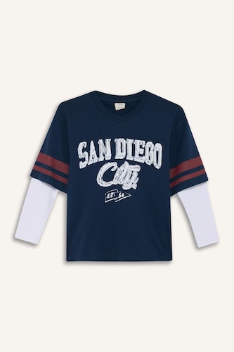Boy Oversize V Neck Printed Long Sleeve T-Shirt