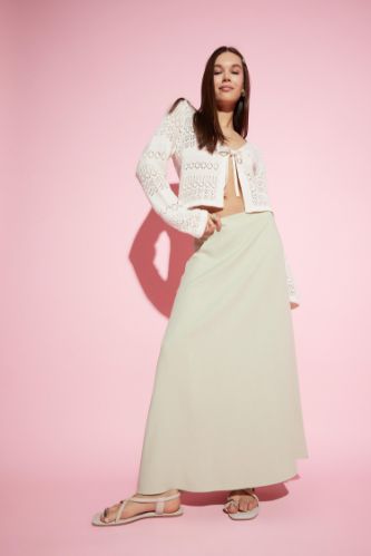 A Kesim Yüksek Bel Keten Karışımlı Maxi Etek