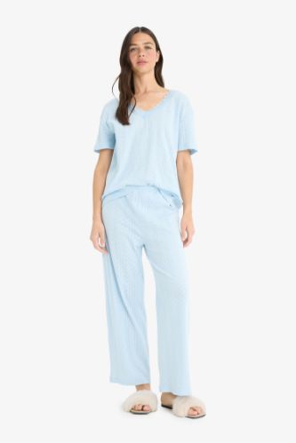 Regular Fit Pijama Takımı Kısa Kollu V Yaka Üst Esnek Belli Uzun Alt-Fall in Love