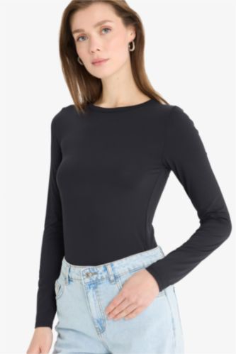 Женщины Черный Слим фит, базовая однотонная футболка с длинными рукавами