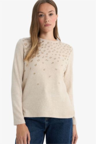 Regular Fit Bisiklet Yaka Taş Detaylı Uzun Kollu Tişört