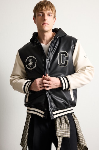 Man Black Snap Faux Leather Jacket