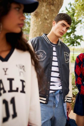 Regular Fit College Collar Faux Leather Bomber Jacket