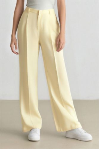Women Light Yellow High Waist Wide Leg Trousers