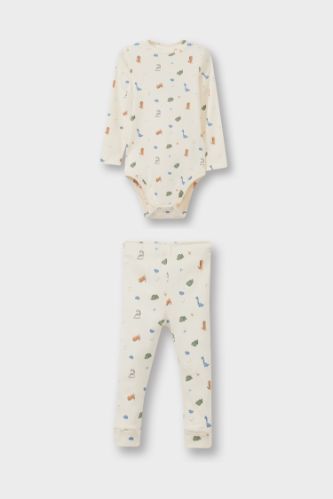 طقم بيبي أولاد بودي كم طويل مضلع برقبة مستديرة و سروال - قطعتين