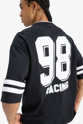 %100 Pamuk Loose Fit Bisiklet Yaka Sırt Baskılı Kısa Kollu Tişört