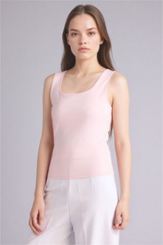 WOMAN Light Pink Slim Fit Basic Square Collar Tank Top