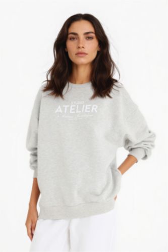 FEMME Gris Sweatshirt épais oversize imprimé à col rond