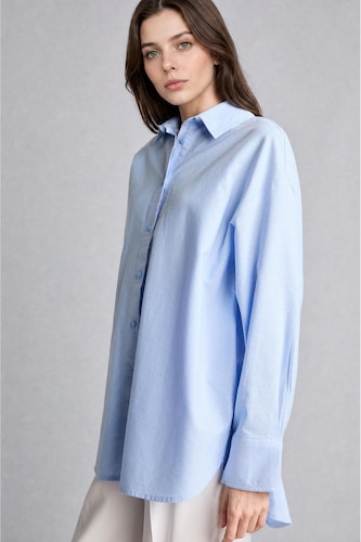 FEMME Bleu Tunique Oxford à manches longues Coupe décontractée