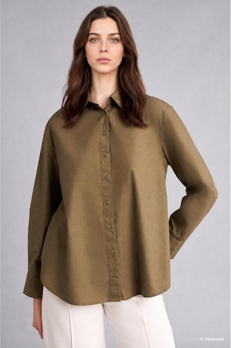 Woman Khaki Relaxed Fit Poplin Long Sleeve Tunic