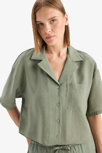 Loose Fit Ceket Yaka Modal Kısa Kollu Gömlek