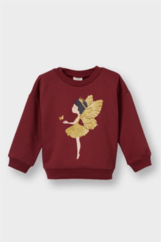 Kız Bebek Bisiklet Yaka Baskılı İçi Yumuşak Tüylü Sweatshirt
