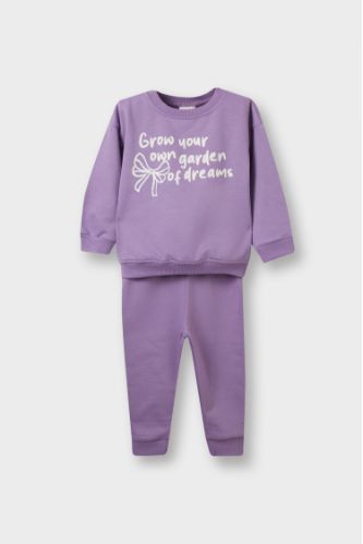 Kız Bebek 2'li Takım İçi Yumuşak Tüylü Baskılı Sweatshirt Eşofman Altı