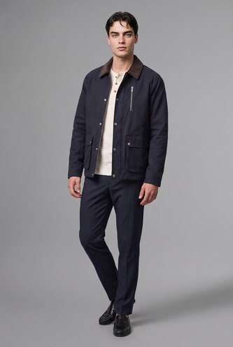 Erkek Lacivert Regular Fit Polo Kadife Yaka Fermuarlı Astarlı Mont