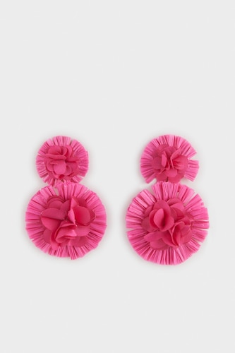 Woman Pink Flower Straw Detailed Earrings