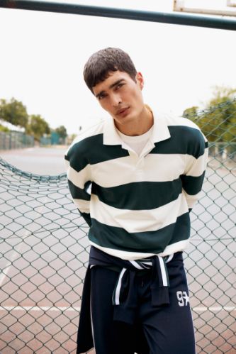 Boxy Fit Rahat Kesim Polo Yaka Düğmeli Çizgili Sweatshirt