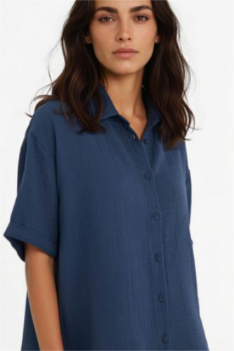 Kadın Açık Lacivert %100 Pamuk Regular Fıt Müslin Gömlek