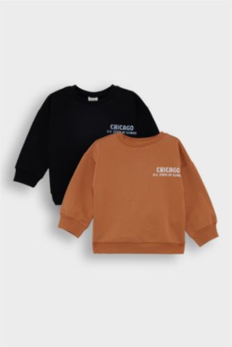 Erkek Bebek Bisiklet Yaka Baskılı İçi Yumuşak Tüylü 2'li Sweatshirt