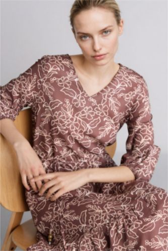 FEMME Orange Robe mi-longue fleurie à col en V manches mi-longues Coupe régulière