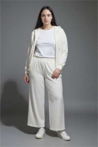 Wide Leg Cep Detaylı Beli Lastikli Düz Paça Beyaz Pantolon