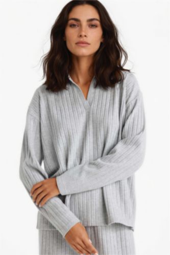 Women Grey Melange Relax Fit Camisole Long Sleeve T-Shirt
