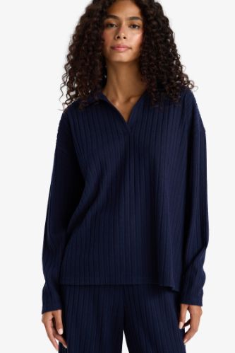 Relax Fit Polo Yaka Fitilli Kaşkorse Uzun Kollu Tişört