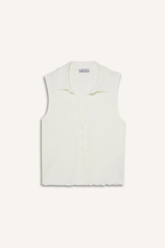 Fitted Gömlek Yaka Dokulu Kolsuz Beyaz Bluz