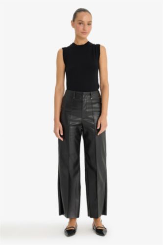 Pantalon large en simili cuir taille haute à poches