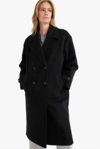 Regular Fit Düğmeli Uzun Kaşe Kaban