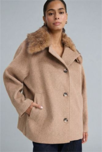 معطف جوخ قصة عادية بفرو قابل للإزالة