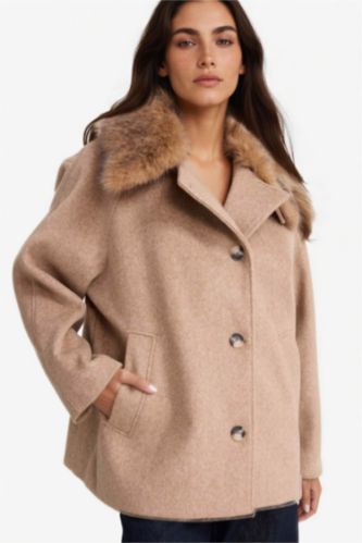 Woman Beige Regular Fit Buttoned with Removable Faux Fur collar Wool Coat