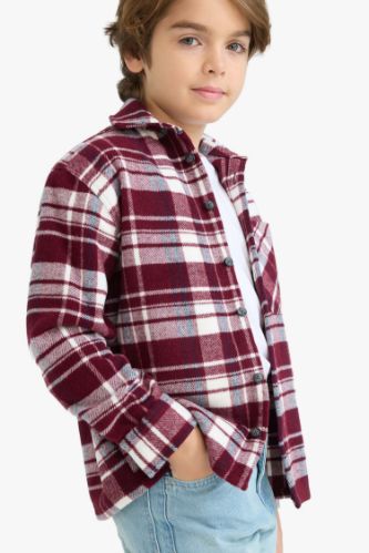 Boy Oversize Fit Polo Collar Checked Long Sleeve Shirt