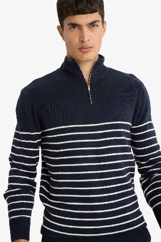 Standard Fit Half Zippered Striped Knit Pullover