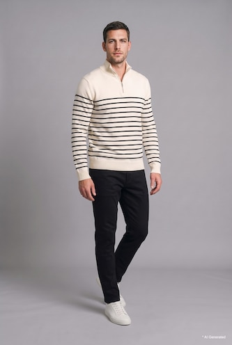 Men Ecru Standard Fit Striped Half-Zip Knit Pullover